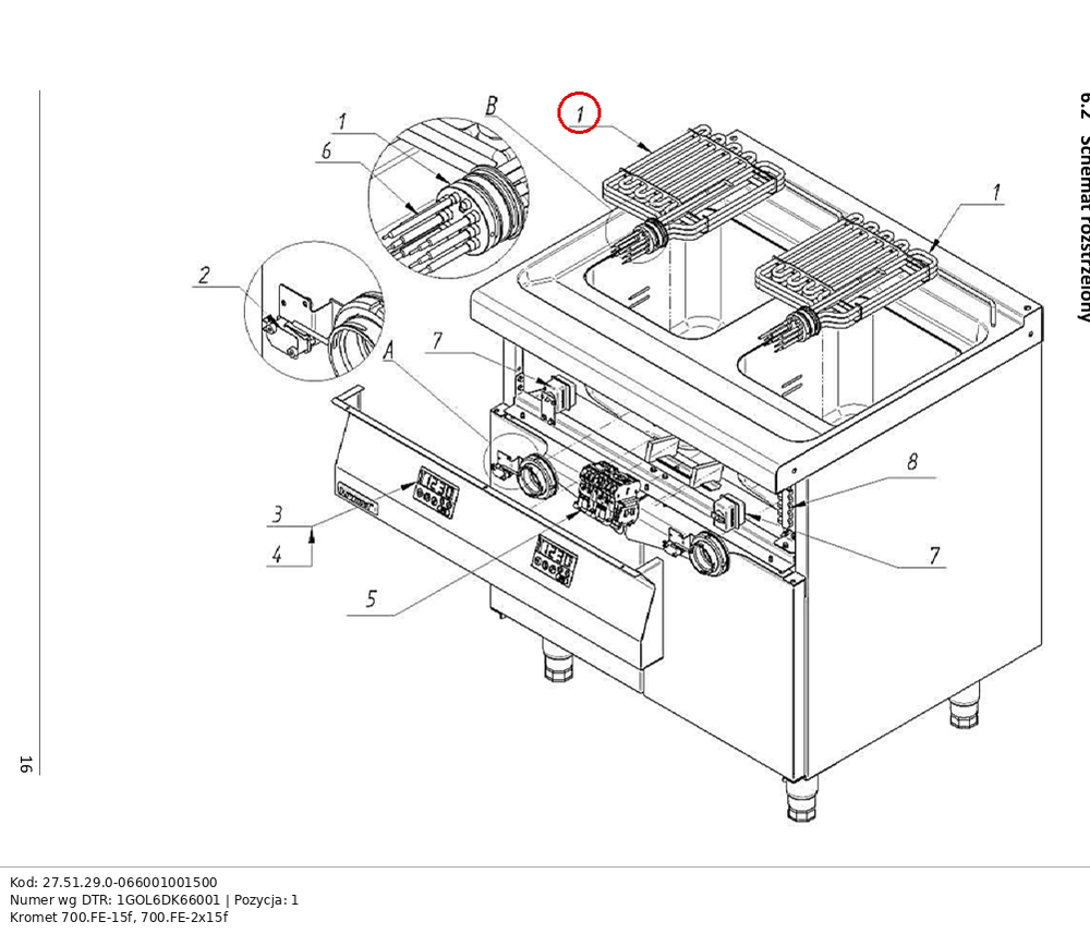 Grzejnik obrotowy 15kW 1GOL6DK66001(element grzejny)FE-15 Kromet - pasuje do modeli: 700.FE-15f, 700.FE-2x15f