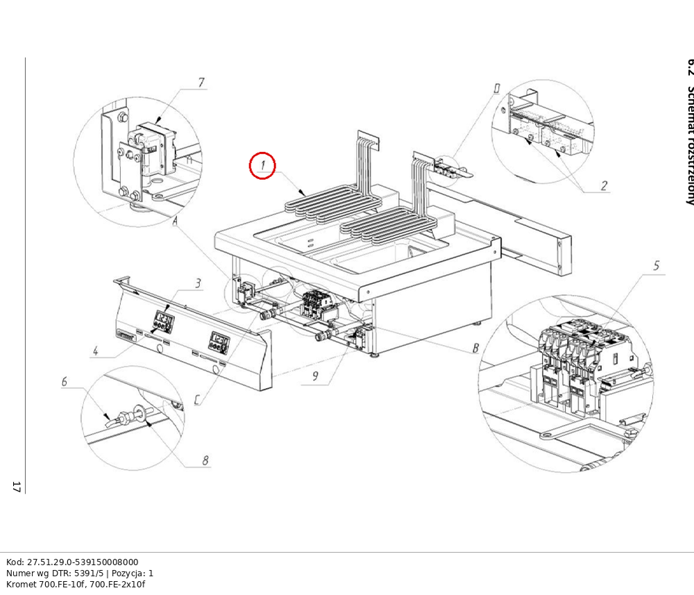 Element grzejny 5391/5 8000W 700.FE-10f, 700.FE-2x10F Kromet - pasuje do modeli: 000.FE-10f