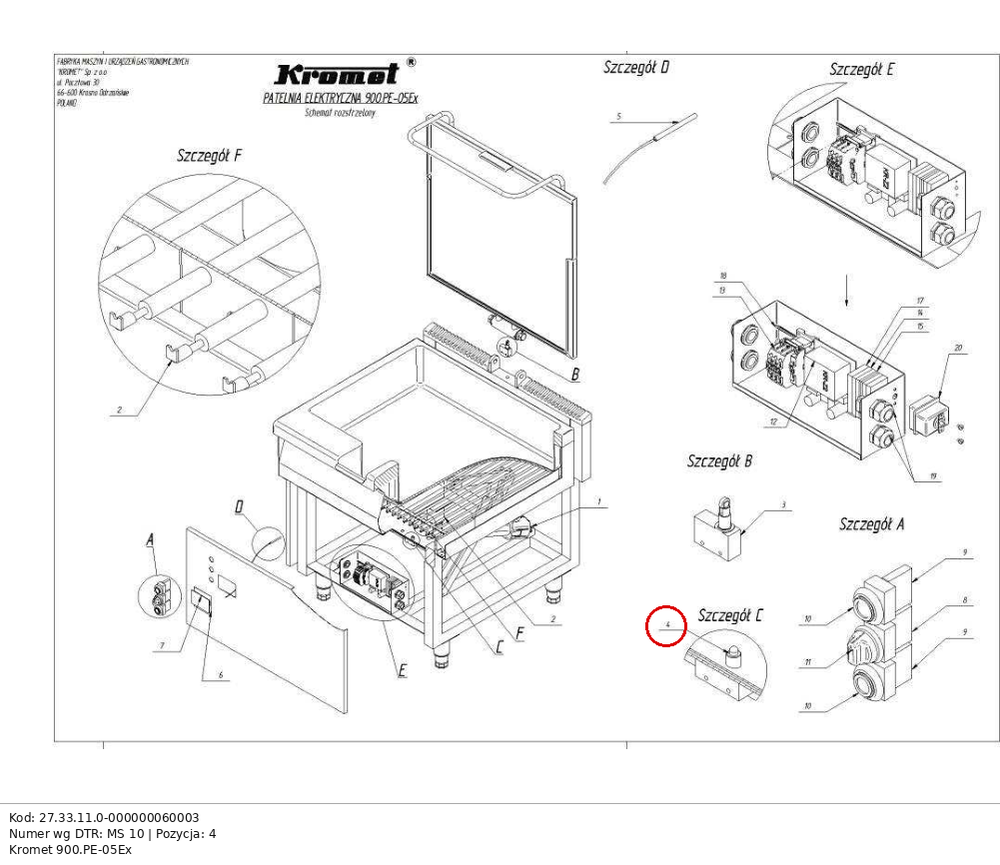 Mikrowyłącznik MS-10 drzwi piekarnika pieca Kromet - pasuje do modeli: 000.PE-1T, 000.PE-2T, 000.PE-3T, 900.PE-05Ex